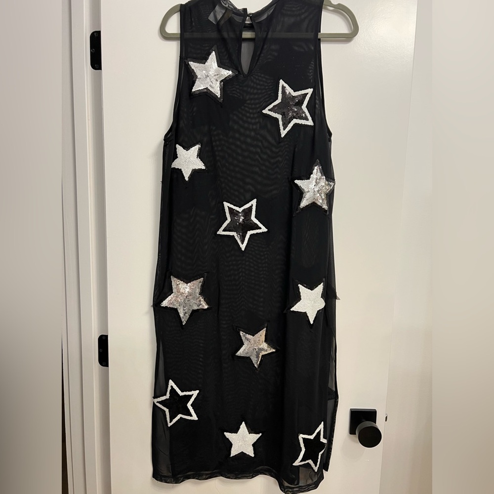 LN midi pencil shift mesh dress black stars Christmas sequin divided Medium M - Picture 5 of 10